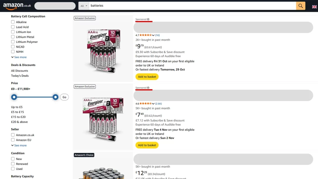 An image of Amazon sponsored listings.