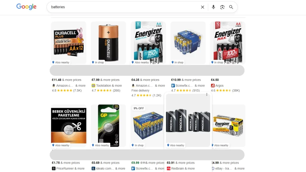 An image of Google sponsored products.