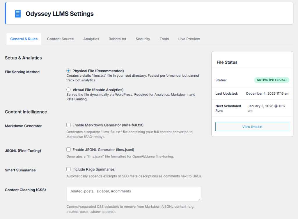 A screenshot of the Odyssey LLMs wordpress plugin.