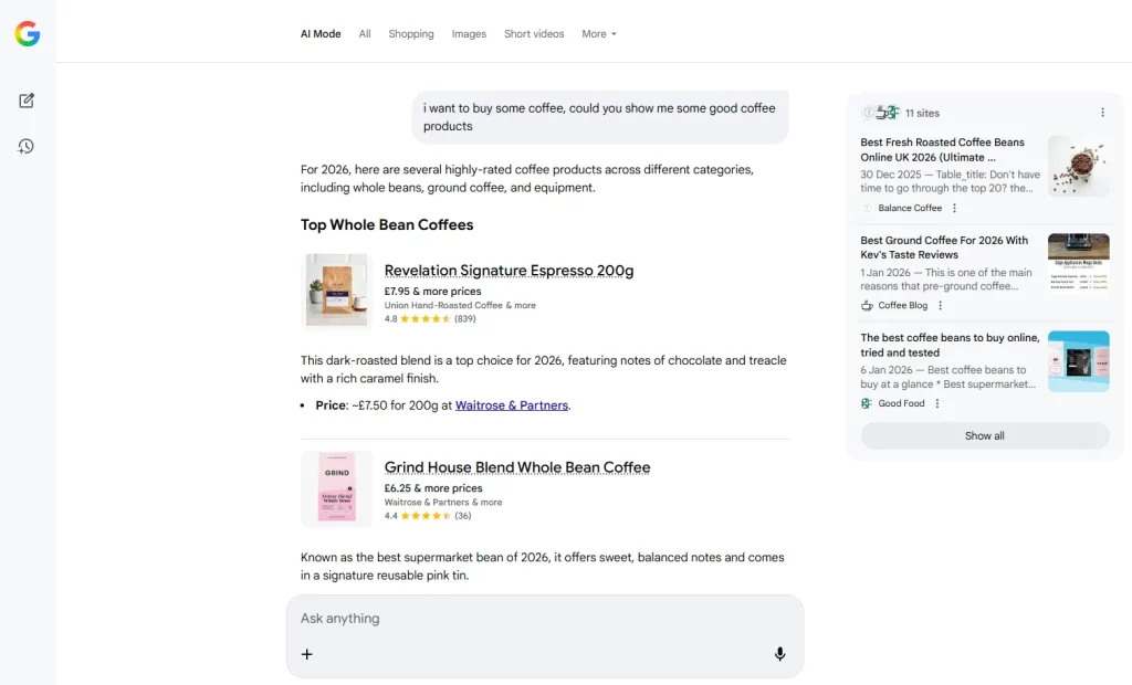 An image of asking an AI a question on Google's AI Mode.