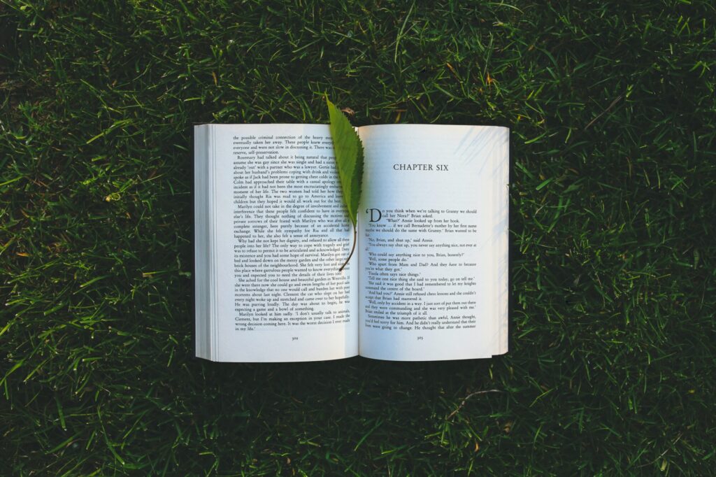 An image of an open book on short green grass with a leaf used as a bookmark within the book