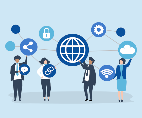 An illustration of four people pointing and holding internet icons.