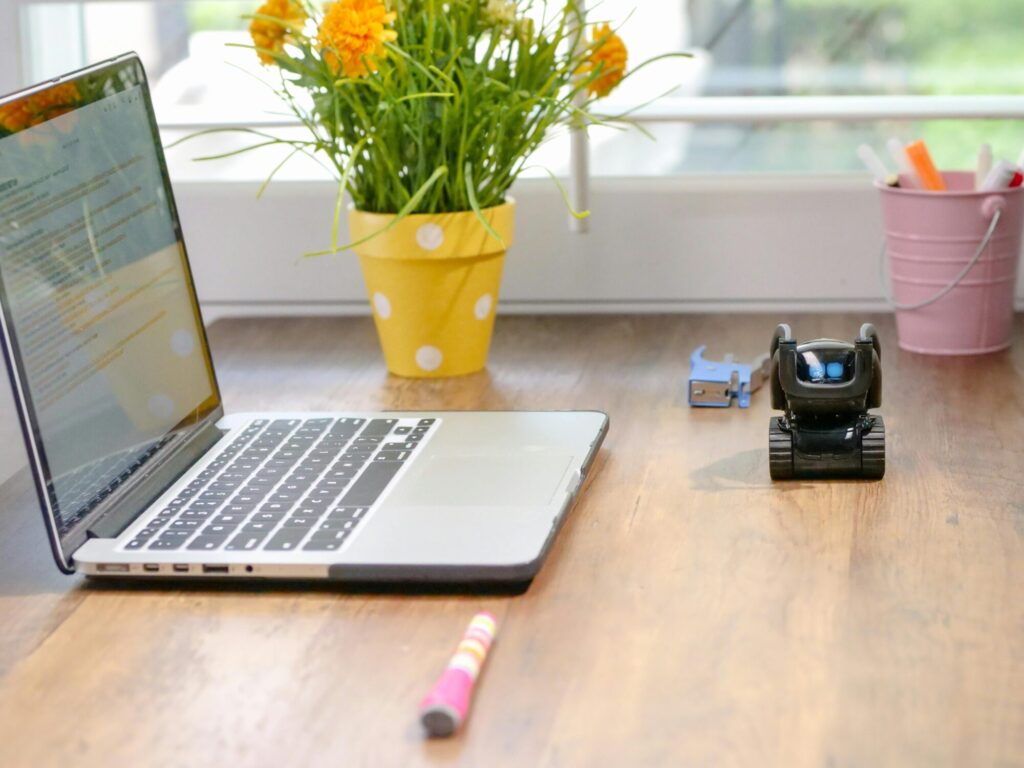 Laptop with code on screen, desk with toy robot, yellow polka-dot flower pot with orange flowers, pink bucket with pens, stapler, and colored pen on a wooden desk near a window.