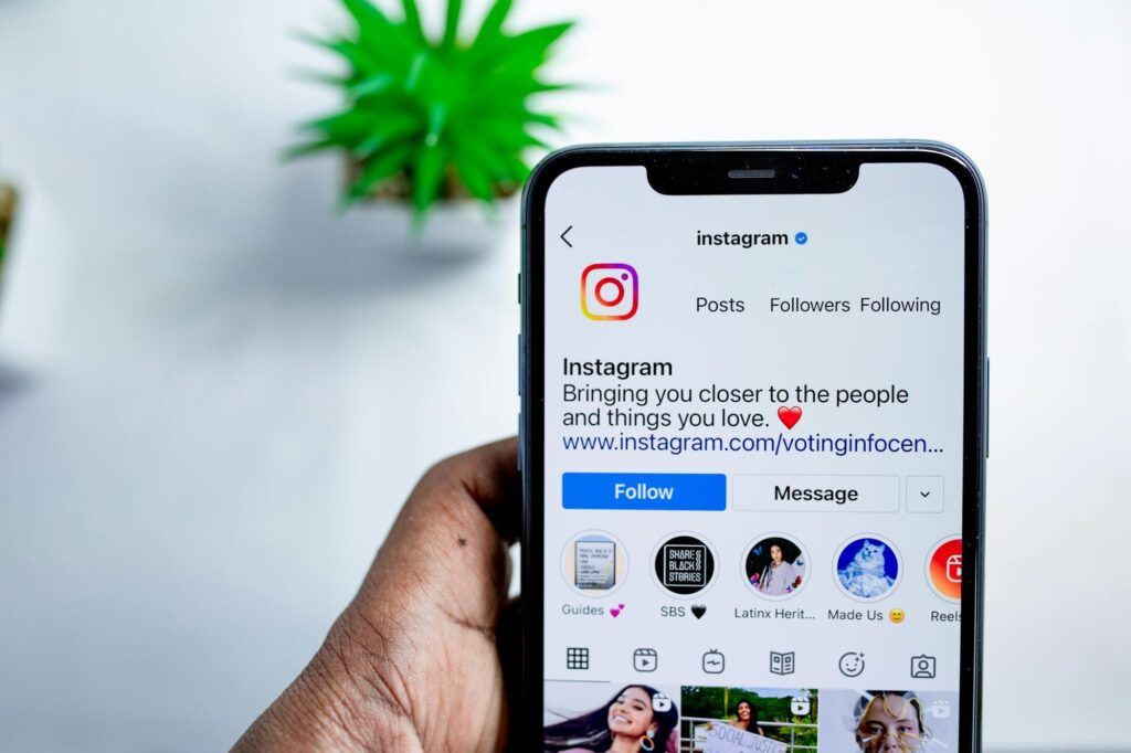Smartphone screen displaying the Instagram app, held by a person with dark skin, the screen showing the Instagram logo and description, a follow button and profile icons, with a small green plant blurred in the background.
