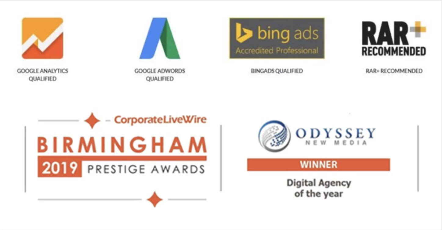 Accreditations and awards of a digital marketing and website development agency, featuring logos for Google Analytics Qualified, Google Adwords Qualified, Bing Ads Qualified, RAR+ Recommended, Birmingham Prestige Awards 2019, and Odyssey New Media Digital Agency of the Year.