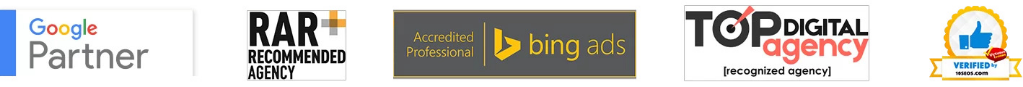 Logos representing accreditations and recognitions: Google Partner logo, RAR Recommended Agency logo, Bing Ads Accredited Professional logo, Top Digital Agency logo, and a verified seal.