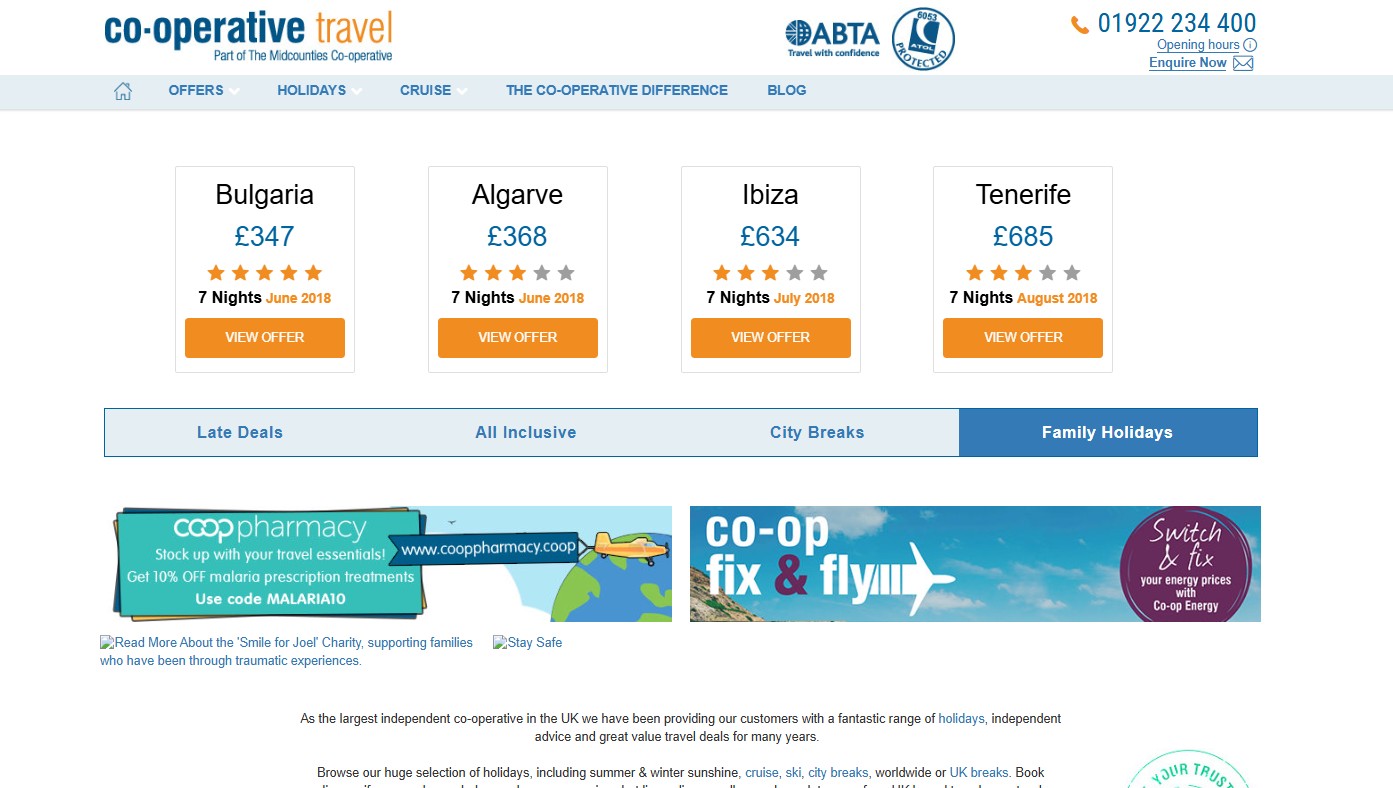 Screenshot of the Midcounties Co-operative travel website. The page features travel offers to Bulgaria, Algarve, Ibiza, and Tenerife, along with sections for Late Deals, All Inclusive, City Breaks, and Family Holidays. Promotional banners for Co-op Pharmacy and Co-op Energy are also visible.