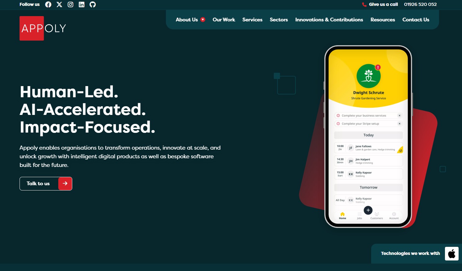 Appoly website screenshot showcasing digital marketing and website development services, featuring a mobile app mockup with Dwight Schrute's gardening service profile and a dark green background with "Human-Led. AI-Accelerated. Impact-Focused" headline and "Talk to us" call to action button.