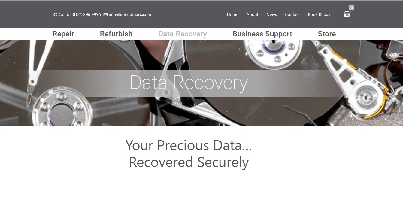 Website screenshot with a hard drive in the background, featuring "Data Recovery" as the main headline and the text "Your Precious Data...Recovered Securely". The website's navigation bar includes options for repair, refurbishment, business support and store, alongside contact information.