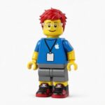 Lego minifigure of a man with red hair, wearing clear-framed glasses, a blue shirt with an Apple logo, a lanyard with a white badge, gray shorts, and black and red DC sneakers.