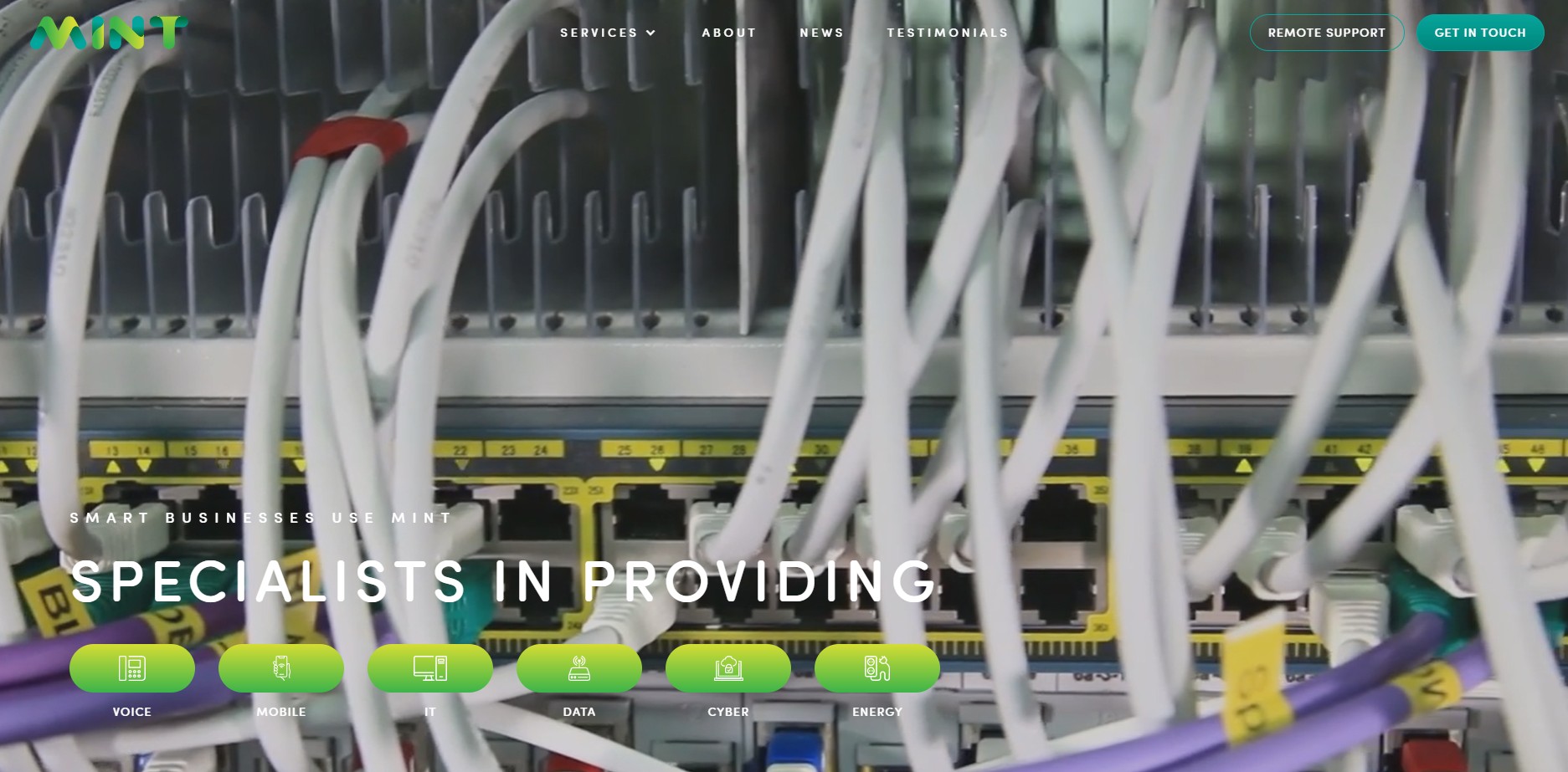 Mint Technology website landing page screenshot, featuring network cabling in the background with "Smart Businesses Use Mint" and "Specialists In Providing" text overlay, with service icons for voice, mobile, IT, data, cyber, and energy. The Mint logo is in the top left, with menu options for Services, About, News, and Testimonials. Buttons for Remote Support and Get In Touch are in the top right.