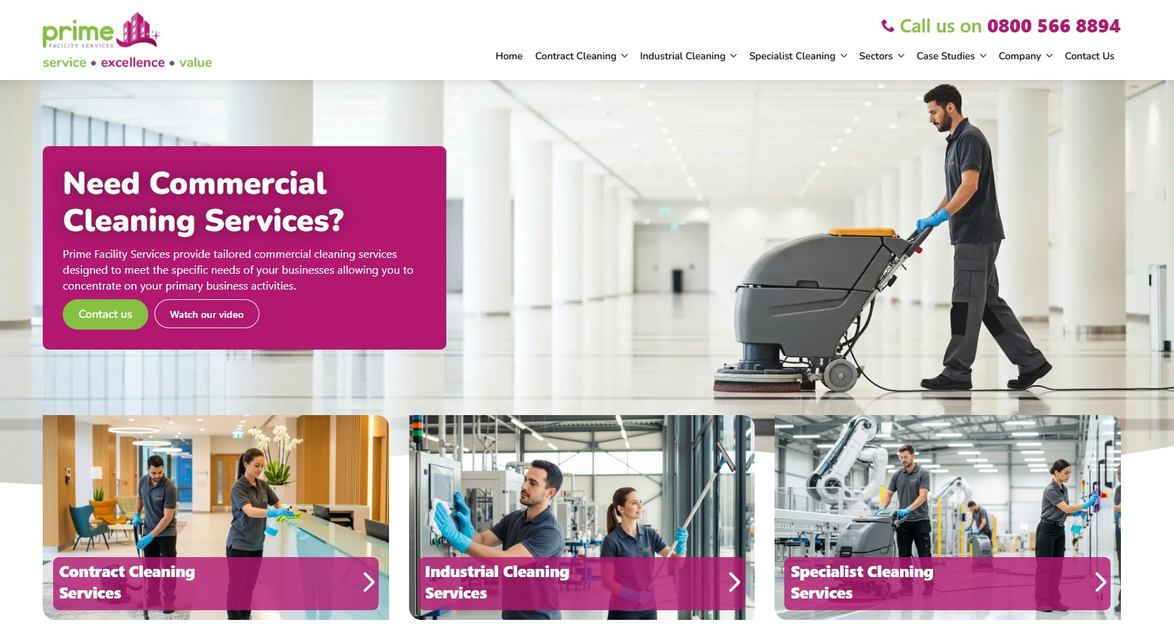 Prime Facility Services website homepage screenshot, featuring a large, bright space with a man operating an industrial floor cleaner. The header includes the company logo, a phone number, and navigation links. A prominent section asks "Need Commercial Cleaning Services?" with a call to action and video link, followed by three service category sections: Contract Cleaning, Industrial Cleaning, and Specialist Cleaning, each with accompanying images and links.