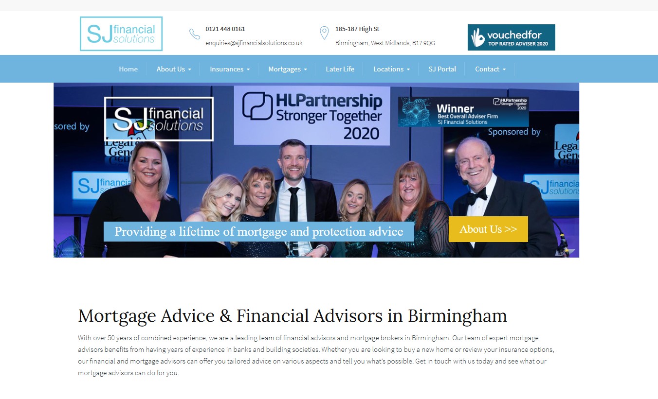 Screenshot of the SJ Financial Solutions website, featuring the company logo, contact information, navigation menu, a banner with a group of smiling people and awards, and a section providing information about mortgage advice and financial advisors in Birmingham.