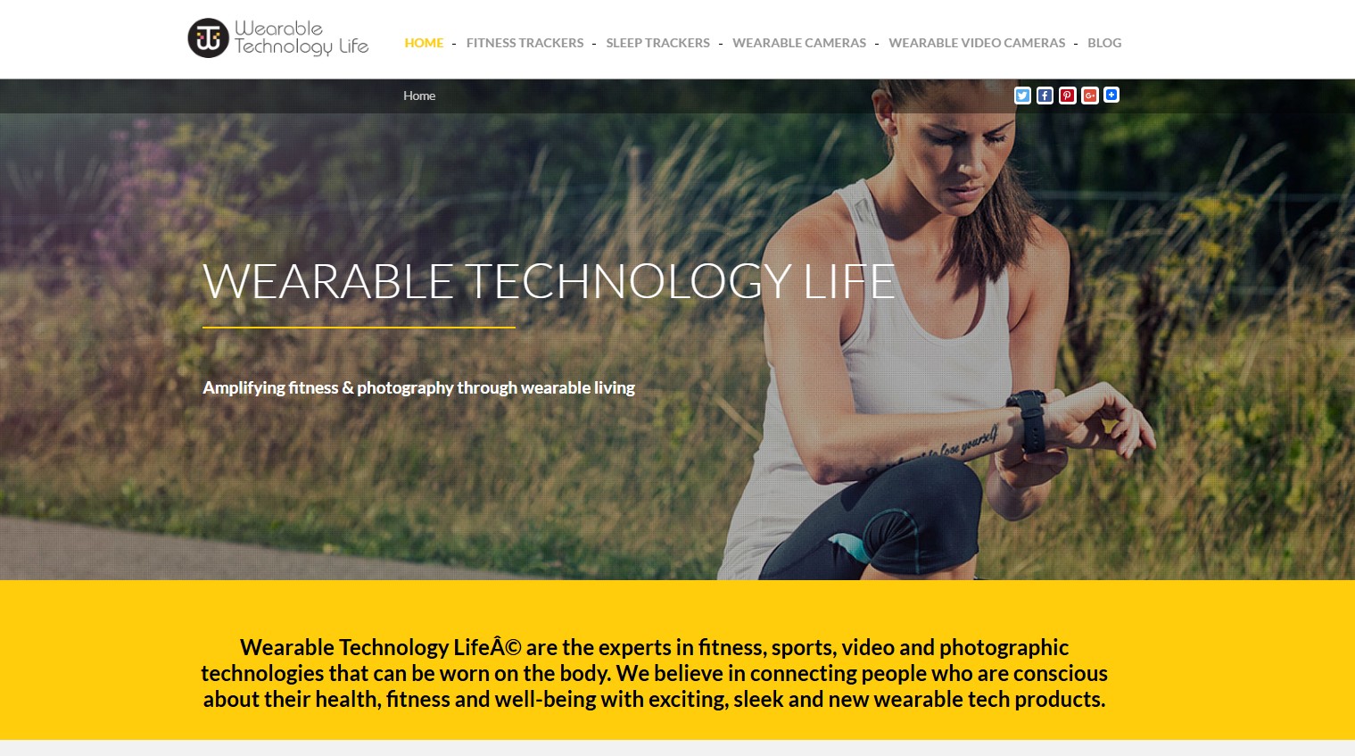 Screenshot of Wearable Technology Life website homepage, featuring a woman looking at her smartwatch, with text including "Wearable Technology Life," "Amplifying fitness & photography through wearable living," and website navigation including "Home," "Fitness Trackers," and "Wearable Cameras."