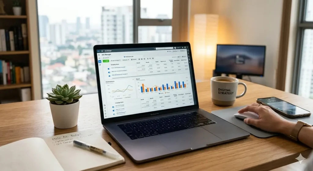Laptop displaying "Ads Manager" interface with graphs and data, a cup of coffee, and a smartphone on a desk, representing digital marketing strategy and website development.