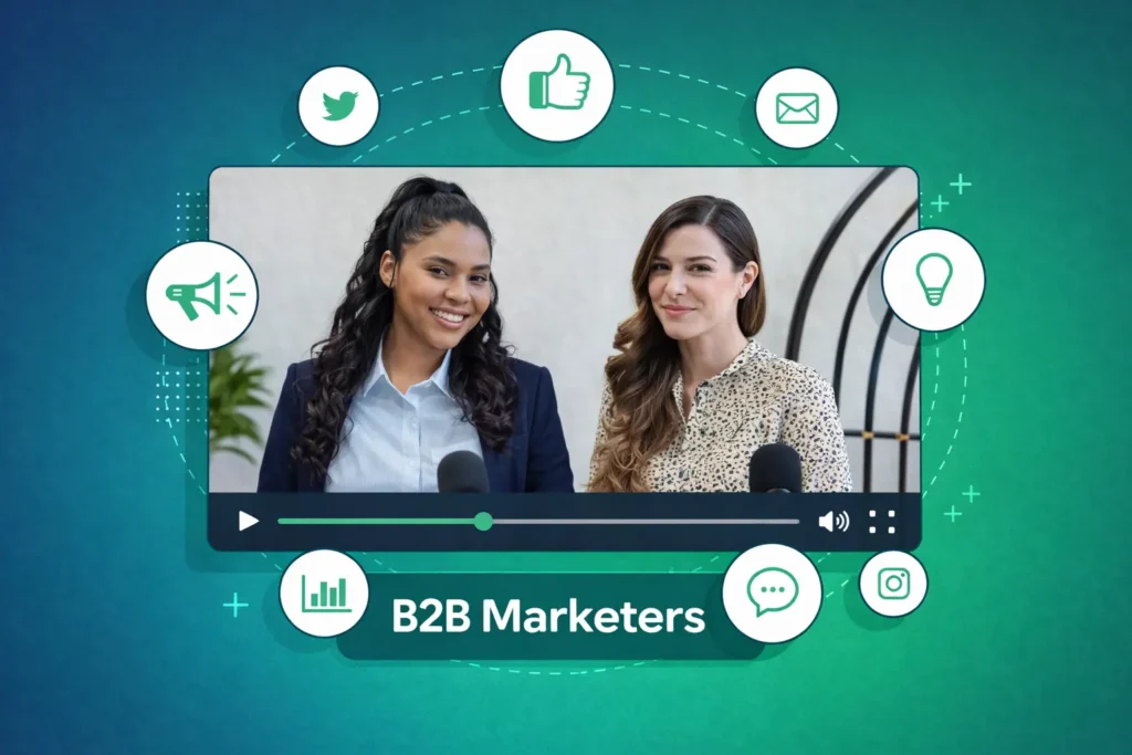 Two smiling women with microphones centered in a video frame, with B2B Marketers text overlay. The frame is surrounded by green social media icons: Twitter, thumbs-up, email, marketing megaphone, analytics bar chart, messaging bubble, lightbulb, and Instagram logo.  The background has a gradient of green and blue.