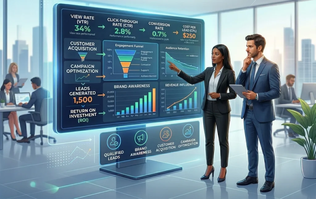 Two business professionals, a woman and a man, stand in front of a large digital screen displaying marketing data. The screen presents key performance indicators (KPIs) like view rate, click-through rate, conversion rate, and cost per lead. It also visualizes data on customer acquisition, campaign optimization, brand awareness, and revenue influence with charts and graphs. The woman, pointing at the screen, and the man, holding a tablet, appear to be discussing the data. Other people are working in