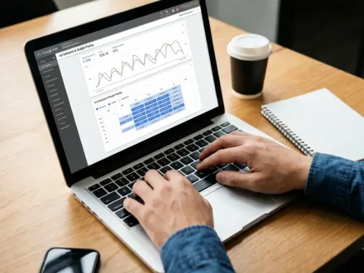 Hands typing on a laptop displaying Google Ads interface with graphs and tables on a wooden desk next to a coffee cup, notepad, and smartphone. The person is likely working on digital marketing services and website development.
