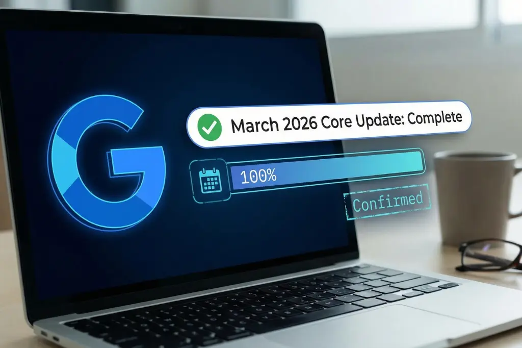 Laptop screen displaying the Google logo with a notification indicating the March 2026 Core Update is complete, including a progress bar at 100% and a "Confirmed" button. A coffee cup and glasses are visible in the blurred background.