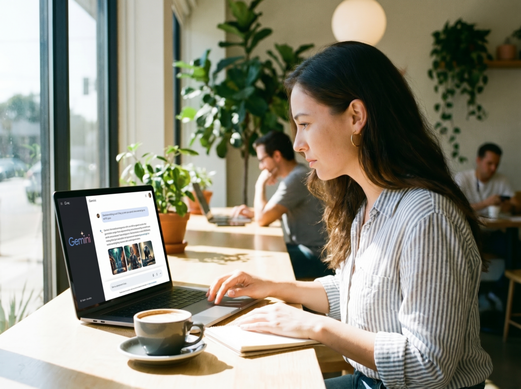 Woman with dark hair, wearing a striped shirt and gold hoop earrings, working on a laptop in a cafe. The laptop screen displays the Gemini logo and text. A cup of coffee and a notebook sit on the wooden table. The cafe has large windows, natural light, and other people working in the background.