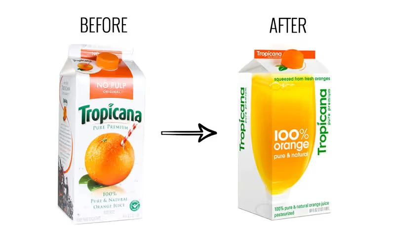 Comparison of Tropicana orange juice packaging before and after a design change, with the "before" carton featuring a whole orange and straw, and the "after" carton showcasing a glass of juice.