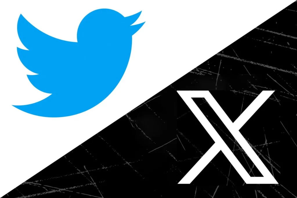 Twitter logo, a blue bird, and the X logo on a diagonal black background.