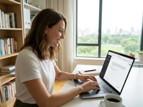 A woman wearing a white t-shirt smiles while working on a laptop at a desk. A cup of coffee and a notebook are on the desk. A large window overlooks a cityscape. A bookshelf is to the left.