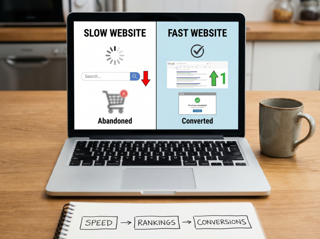 An image of a computer screen on a desk that says Slow Website and fast website