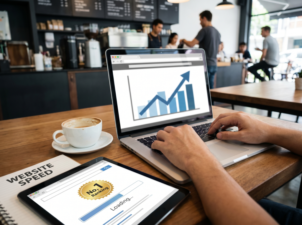 An image of a person at a computer screen in a coffee shop
