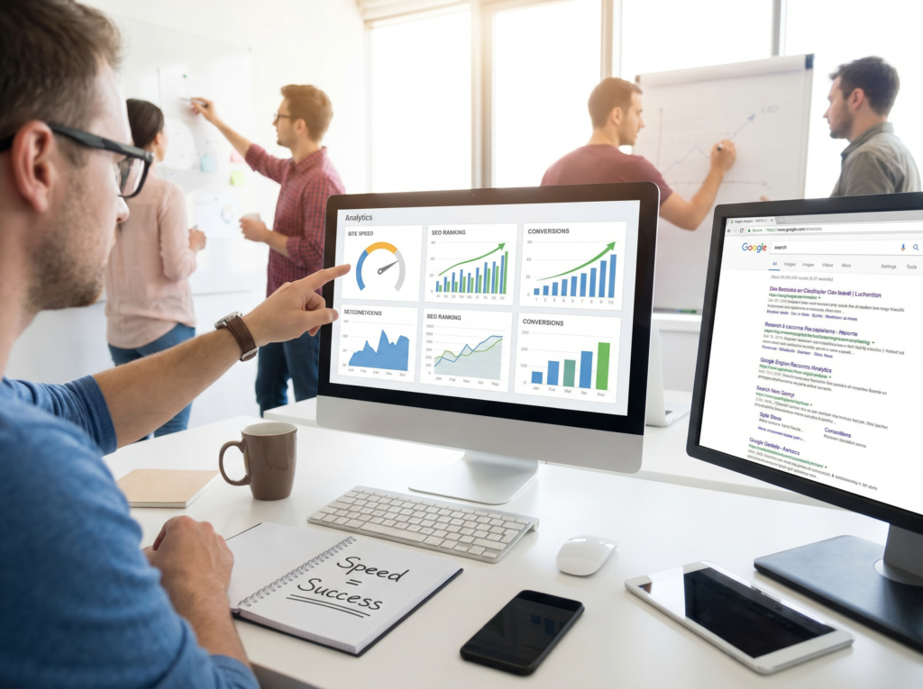 A person pointing at a screen showing analytics