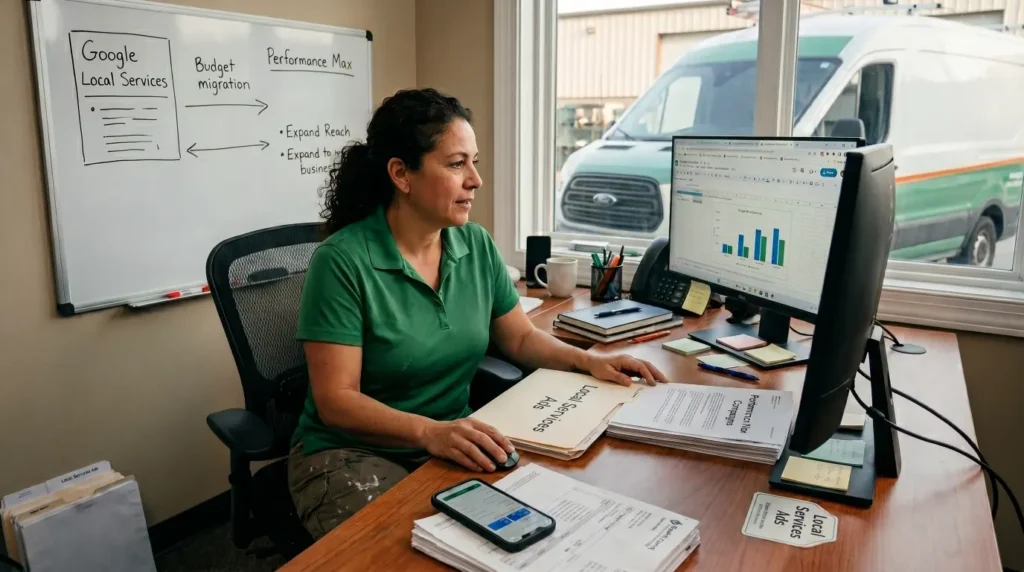 An image of a woman at a desk looking at analytics