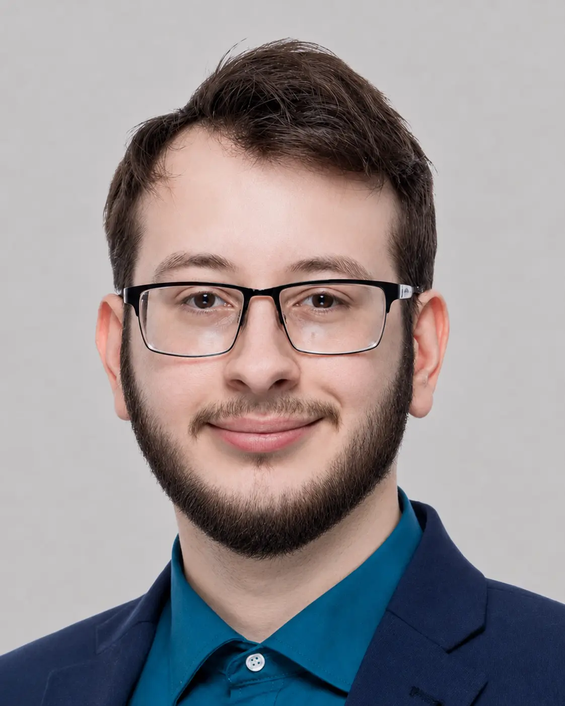 Headshot of Martin our digital marketing executive smiling with a beard, wearing glasses, a teal collared shirt, and a navy blue blazer against a light gray background.