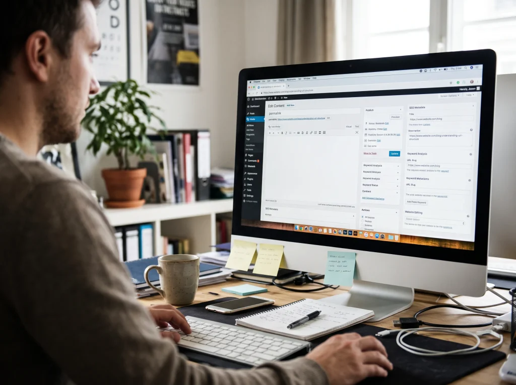 An image of a man at a computer editing a page on the back end of a website