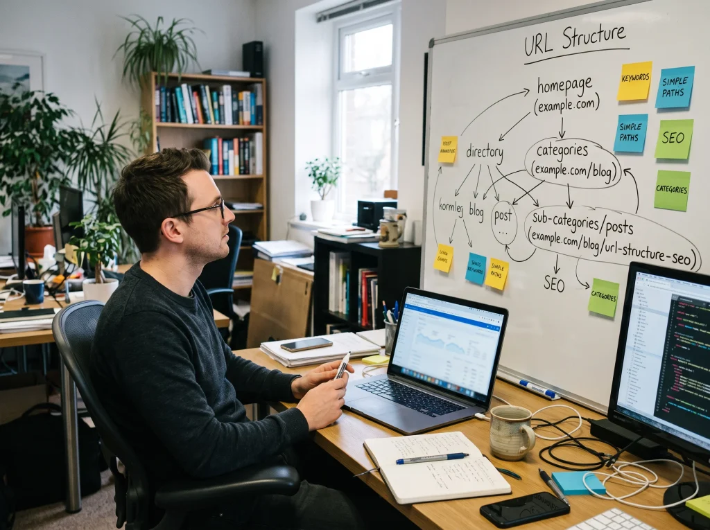 An image of a man looking at a whiteboard with information about URL structure